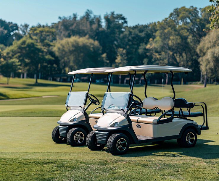 Golf cart on a lush green golf course