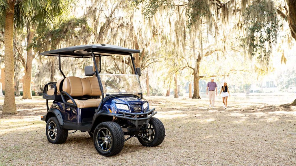 Blue lifted 4-passenger golf cart